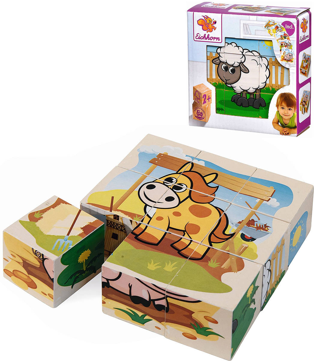 EICHHORN DŘEVO Obrázkové kostky kubus zvířátka farma set 9ks