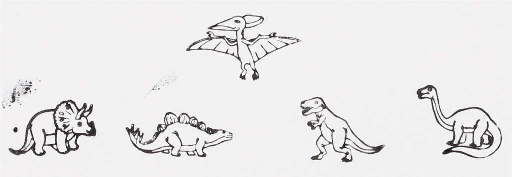 DŘEVO Razítka 3cm dřevěná 5+1 s poduškou Dinosauři na kartě