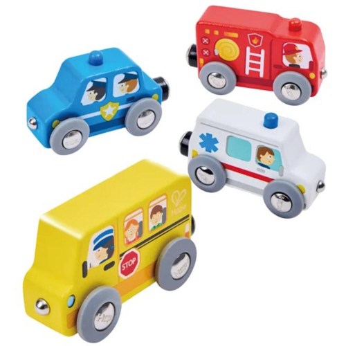 HAPE DŘEVO Vláček městská vozidla baby set 4 autíčka
