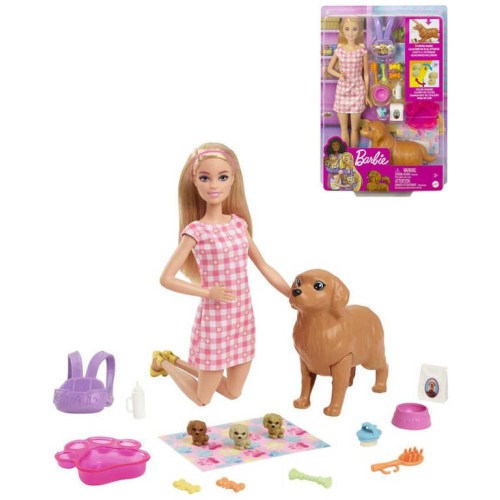 MATTEL BRB Novorozená štěňátka panenka Barbie set s pejsky a doplňky