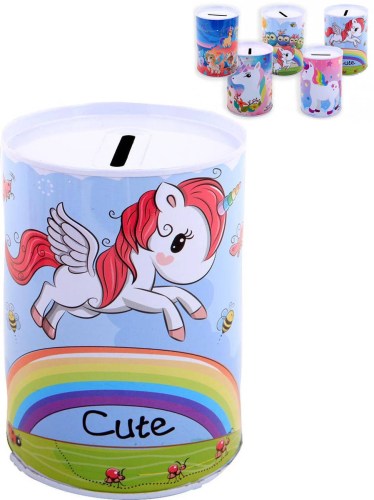 Pokladnička válec jednorožec 12cm dětská kasička plechová 5 druhů