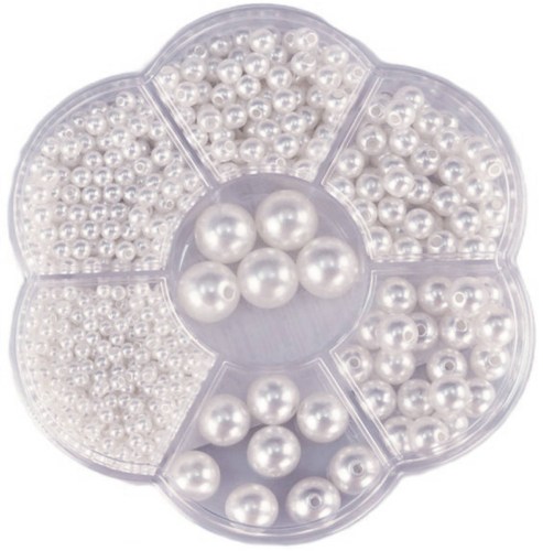 Korálky navlékací metalické bílé set 1150ks 3-12mm v plastovém boxu