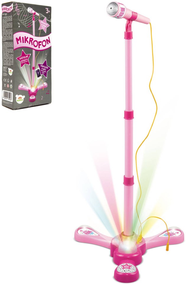 Mikrofon dětský Karaoke růžový se stojanem na baterie Světlo Zvuk MP3