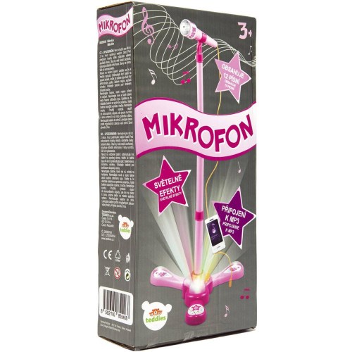 Mikrofon dětský Karaoke růžový se stojanem na baterie Světlo Zvuk MP3
