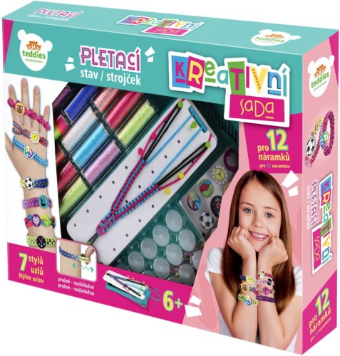 Vyrob si náramek kreativní set dětský pletací stav s přízí a samolepkami