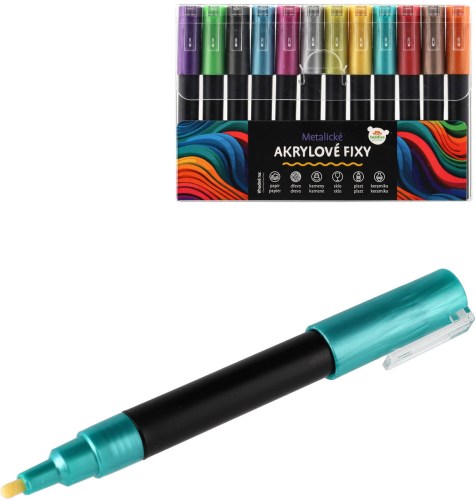 Fixy akrylové metalické univerzální set 12 barev hrot 4mm v blistru