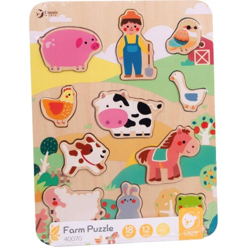 DŘEVO Vkládačka zvířátka farma 12 dílků puzzle vkládací na desce