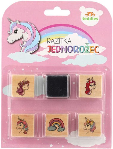 DŘEVO Razítka 3cm dřevěná 5+1 s poduškou Jednorožci na kartě