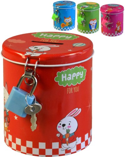 Pokladnička zvířátka válec dětská kasička se zámkem a klíčky 4 druhy kov