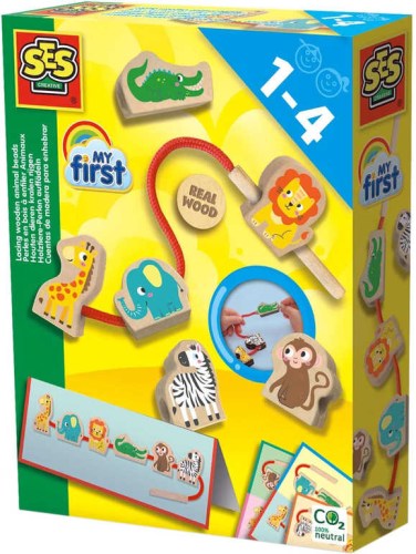 SES CREATIVE DŘEVO Baby Moje první navlékání dřevěných korálků zvířátek