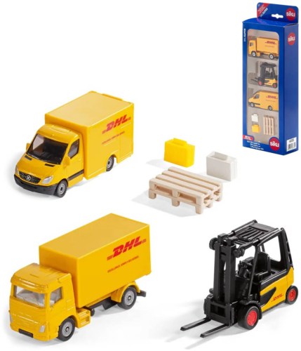 SIKU Logistický set 2 vozidla DHL s vysokozdvižným vozíkem a doplňky kov 6335