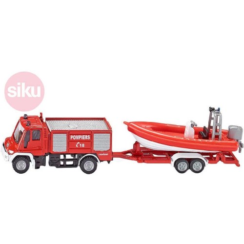 SIKU Auto hasiči Unimog s přívěsem s člunem 1:87 kovové 1636