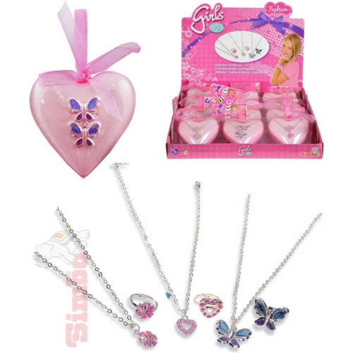 SIMBA Set prstýnek + náhrdelník dětská bižuterie v doze srdíčko plast různé druhy