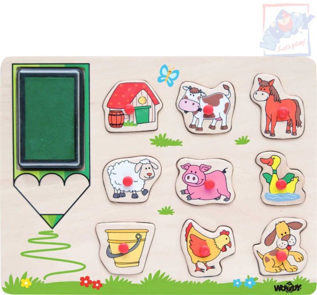 WOODY DŘEVO Razítka zvířátka puzzle vkládací s úchyty 9 dílků 2v1