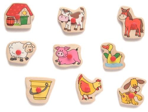 WOODY DŘEVO Razítka zvířátka puzzle vkládací s úchyty 9 dílků 2v1