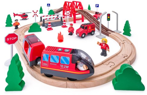 WOODY DŘEVO Vláčkodráha hasiči s elektrickou mašinkou na baterie