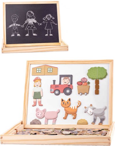 WOODY DŘEVO Tabulka magnetická se zvířátky oboustranná s křídami a fixem