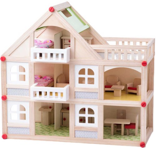 WOODY DŘEVO Domeček s balkónem set se 4 panenkami a doplňky 2 patra